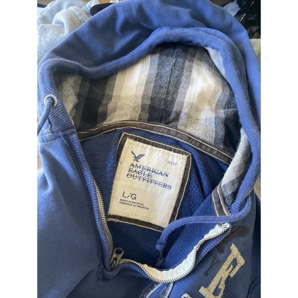 Y2K American Eagle Men's Large Navy Quarter Zip Pullover Hoodie Sweater Patch - Picture 7 of 8